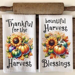 Thanksgiving Pumpkin Sunflower Kitchen Towel Set, Fall Kitchen Towel. Tea Towel